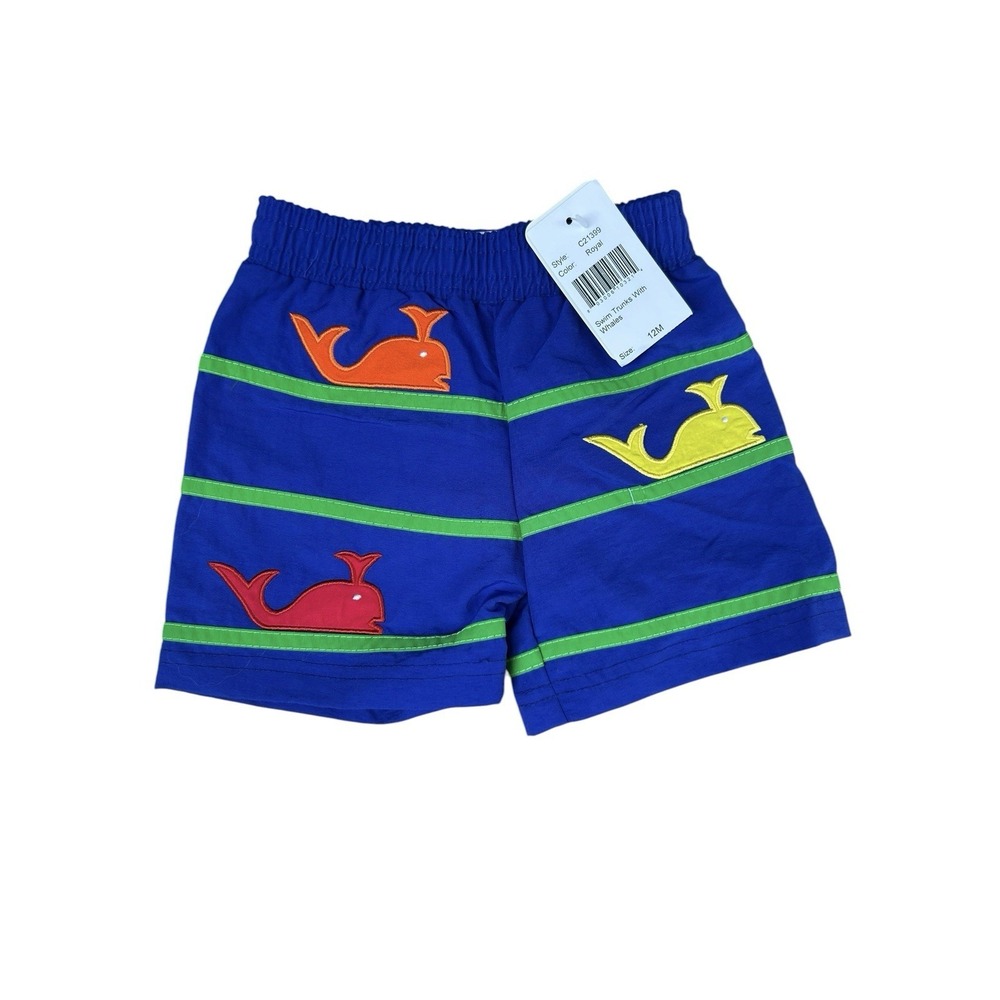 Florence Eiseman Baby Boys Swim Trunks Prime Colors Whales Royal Blue 12 Mos NWT